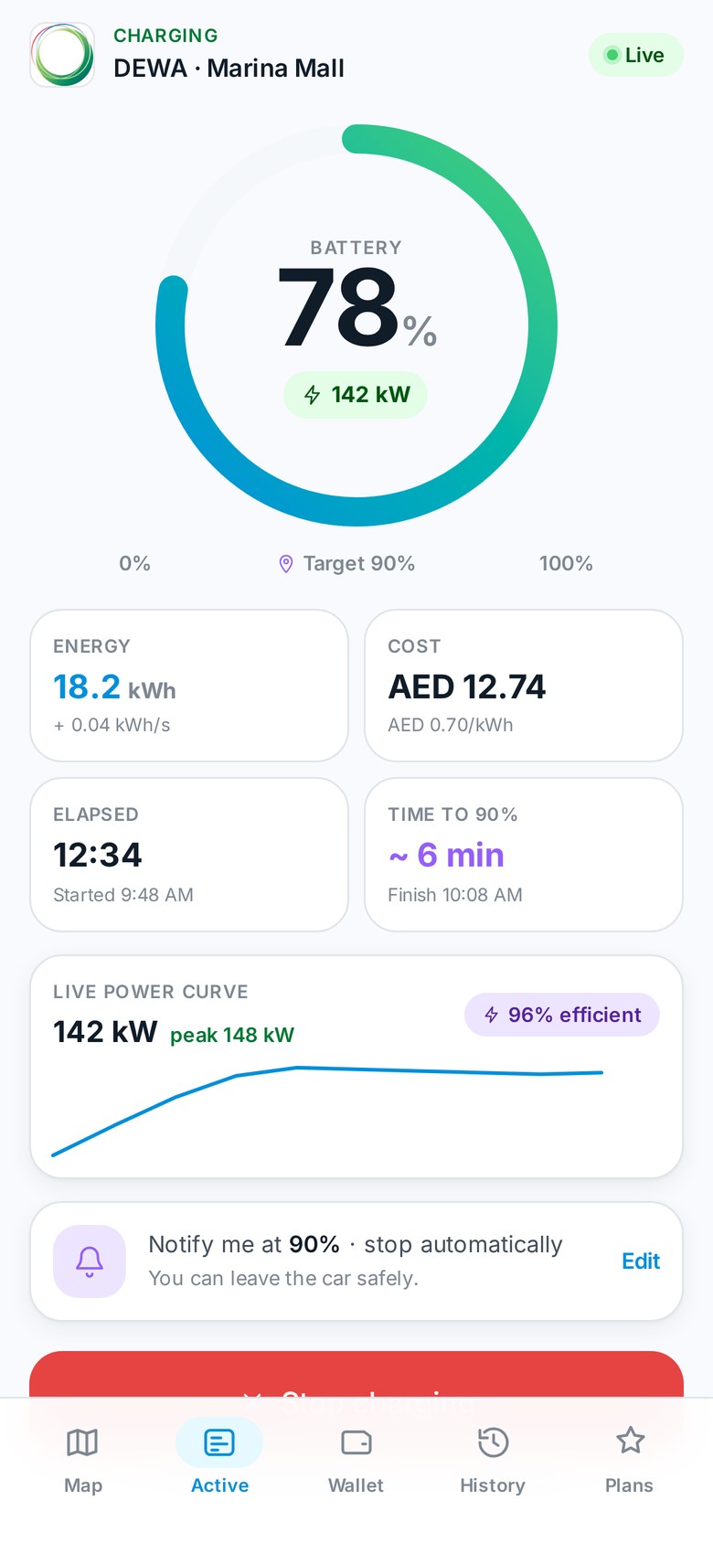 ChargeLink driver app live charging session screen with battery percentage and power curve