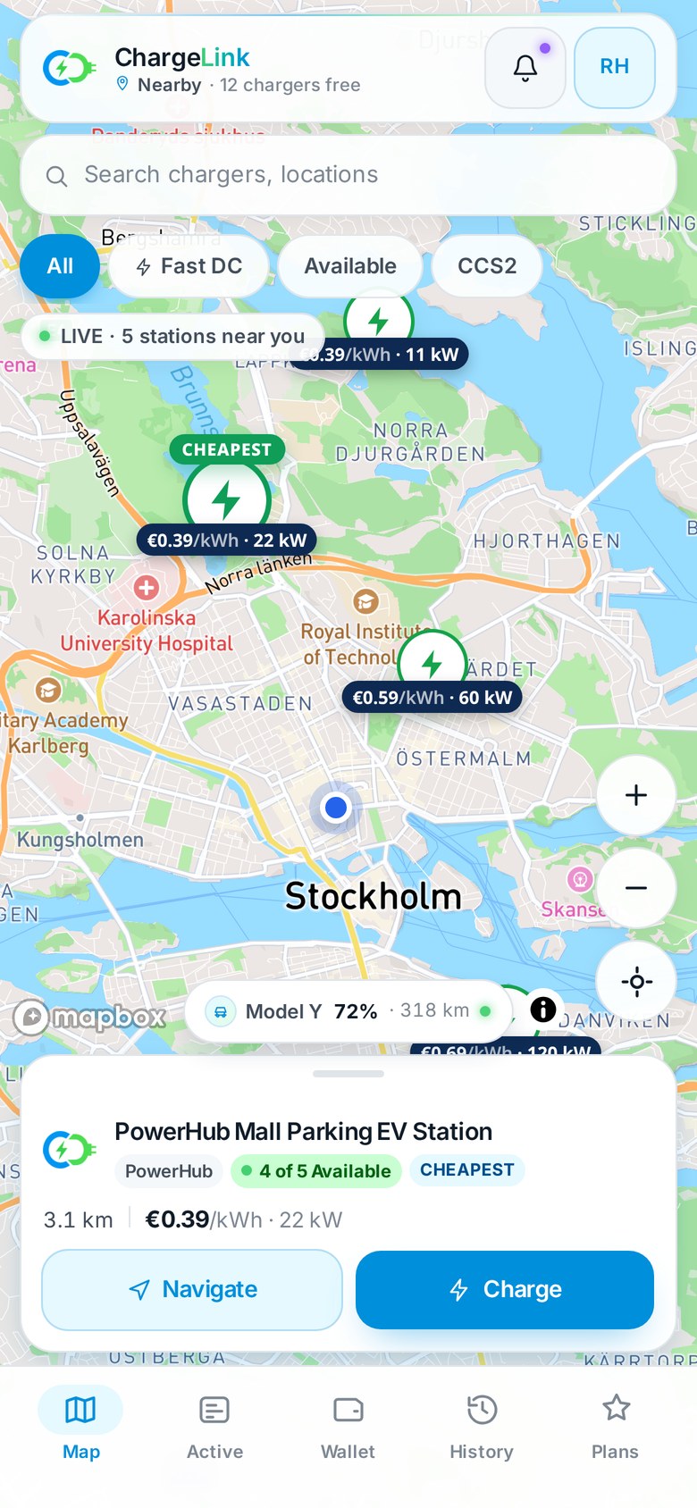 ChargeLink driver app map screen showing nearby chargers with live prices