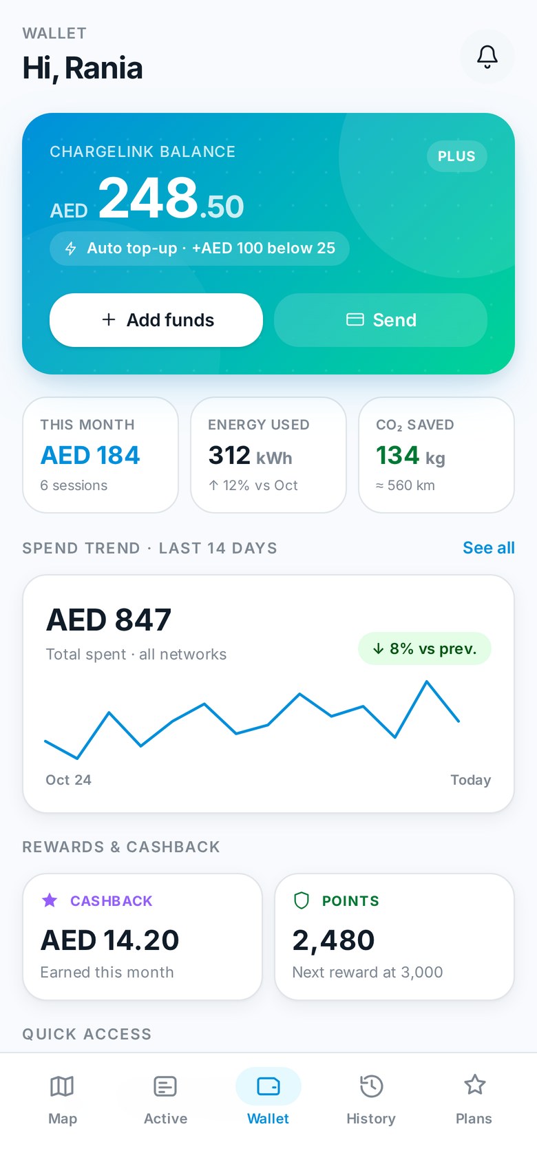 ChargeLink driver app wallet screen with balance and monthly spend